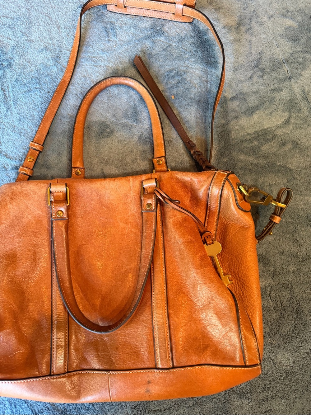 Fossil Tan Leather Satchel with Gold Hardware